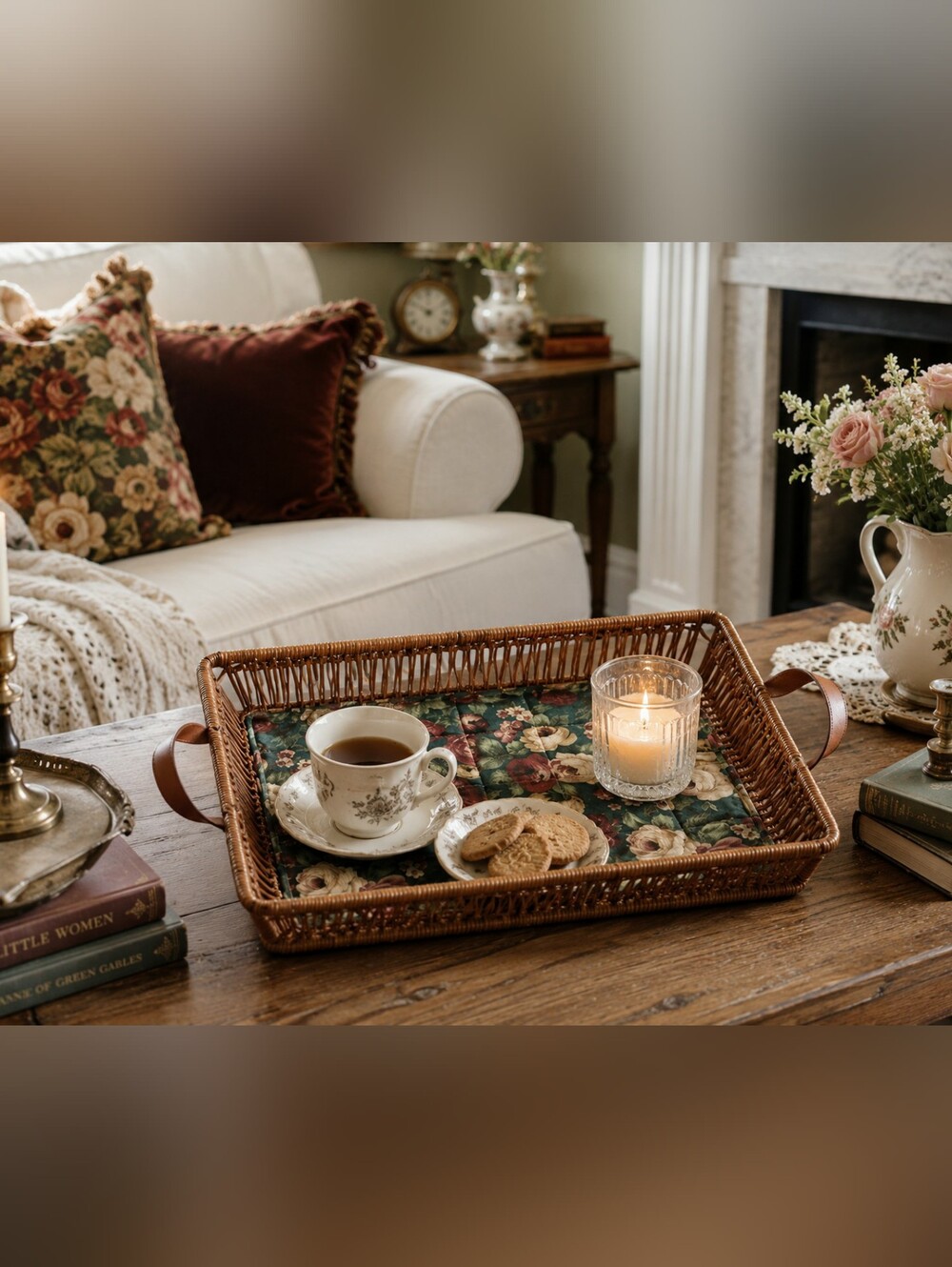 Vintage Rectangular Floral Wicker Basket Serving Tray